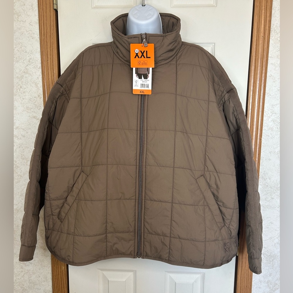 Roxy Womens XXL Lightweight Quilted Puffer Jacket Taupe Full Zip Coat